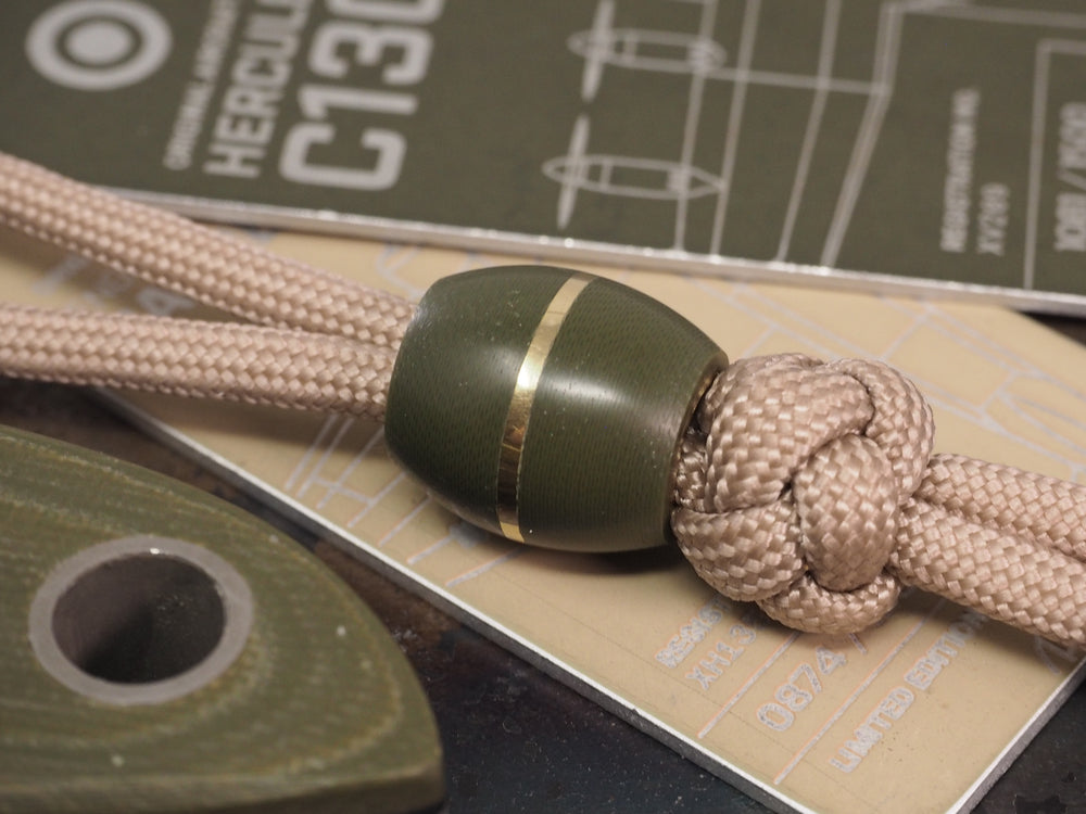 Handmade Barrel Bead for Paracord or Leather Lanyards - 14mm dia. x 15mm - Olive Drab Green G10 & Brass