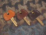 Handcrafted Leather Traditional Style Yale Door Key Covers  - SET OF 3 - Cognac Tan / Chestnut Brown / Dark Brown